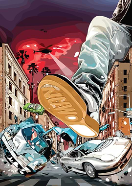 Giant Foot Crushing Cars in City