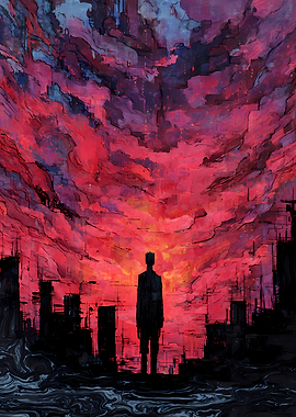 Silhouette in a Red Cityscape