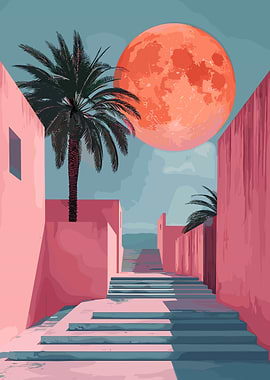 Pink Buildings, Palm Trees, and Red Moon