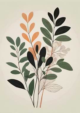 Botanical Illustration with Green and Orange Leaves