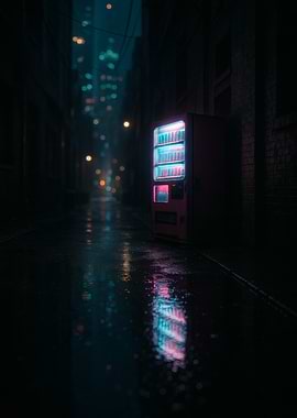 Neon Solitude: A Vending Machine in the Rain