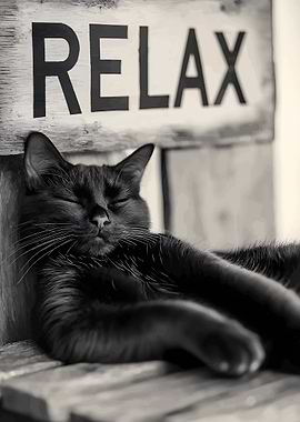 Relaxing Black Cat on Wooden Chair