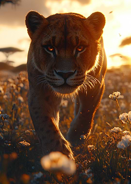Lioness Walking Through Field at Sunset
