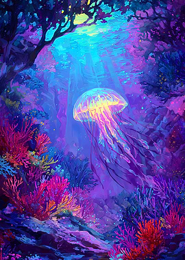Glowing Jellyfish in a Neon Coral Reef