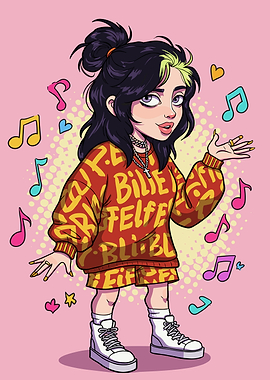 Cartoon Billie Eilish with Musical Notes