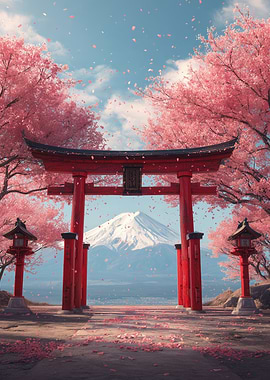 Japanese Torii Gate with Cherry Blossoms