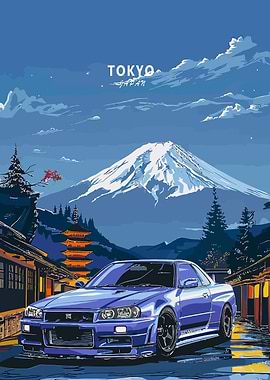 Tokyo Japan Car Landscape Illustration