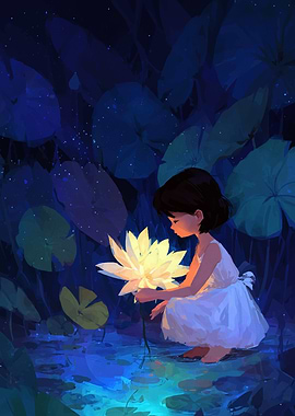 Girl with Glowing Lotus Flower