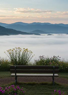 Bench Overlooking Foggy Mountain Landscape