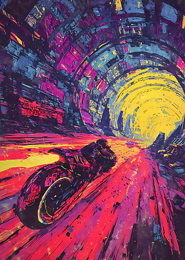 Neon Motorcycle Racing Through Tunnel