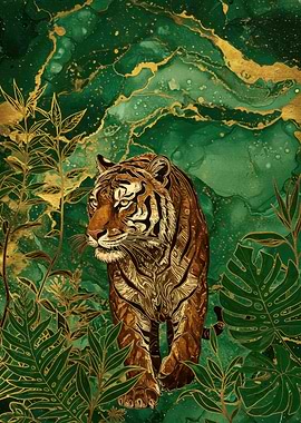 Tiger in Emerald and Gold Jungle