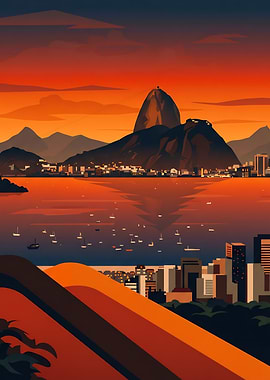 Stylized Rio de Janeiro view at sunset with Sugarloaf Mountain and silhouetted boats