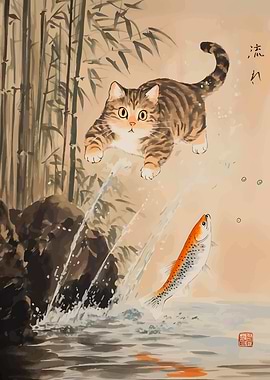 Cat and Fish Japanese Art