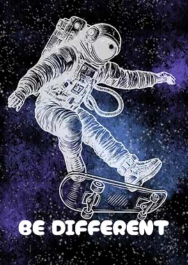 Be Different – Cosmic Astronaut Skateboarding Through Space | Galaxy Skate Art Metal Poster
