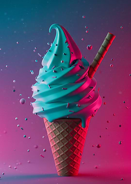 An ice cream cone with blue softserve a straw and sprinkles against a vibrant pink and blue background