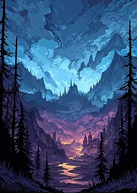 Mountain Valley Landscape with Distant City