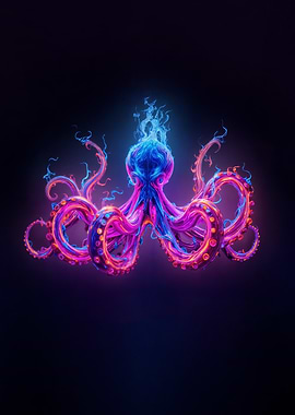 Neon Octopus on Dark Background