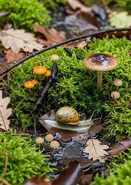 Snail on Leaf with Mushrooms