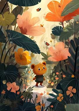Cartoon Bear in Floral Landscape