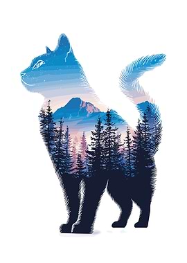 Cat Silhouette Landscape Double Exposure