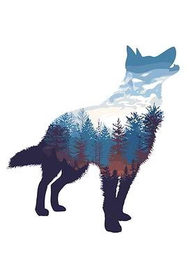 Wolf Silhouette with Forest and Sky