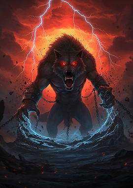 A werewolf with red eyes breaking chains amidst a stormy fiery sky