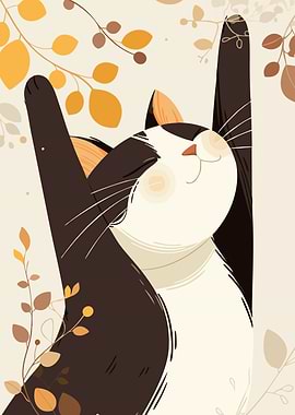 Happy Playful Cat with Autumn Leaves Cute Minimalist Art Illustration