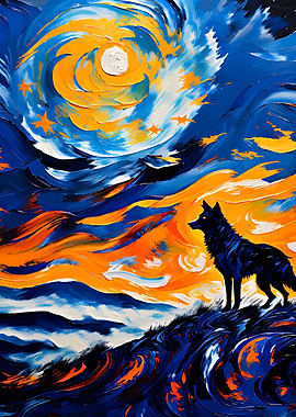 Wolf howling at the moon painting