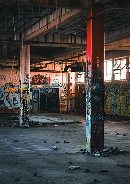 Abandoned Industrial Building Interior with Graffiti