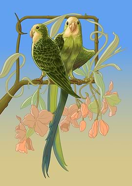 Two Green Parrots on a Branch