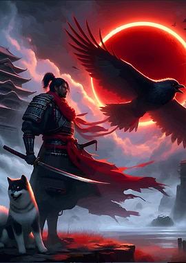 Samurai, Dog, and Raven Under Red Sun