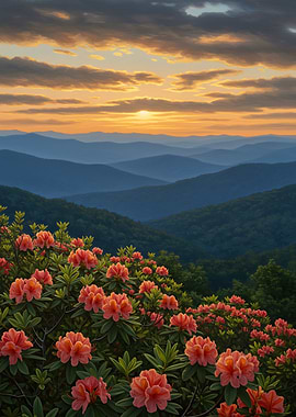 Mountain Sunset with Blooming Azaleas