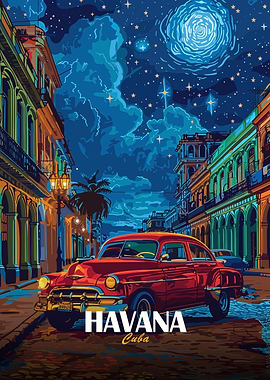 Havana, Cuba: Classic Car at Night