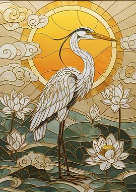 Stained Glass Heron and Lotus Flowers