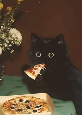 Black Cat Eating Pizza