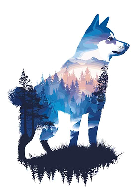 Dog Silhouette with Forest Landscape