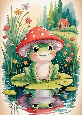 Frog under Mushroom on Lily Pad