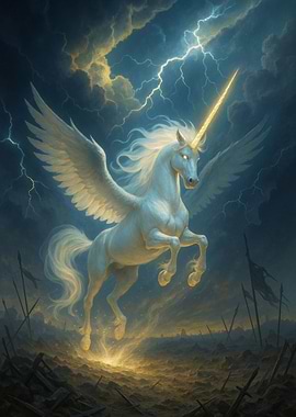 Winged Unicorn in Stormy Battlefield