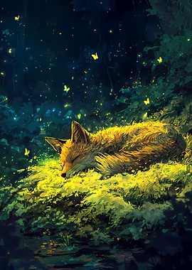Sleeping Fox in a Glowing Enchanted Forest