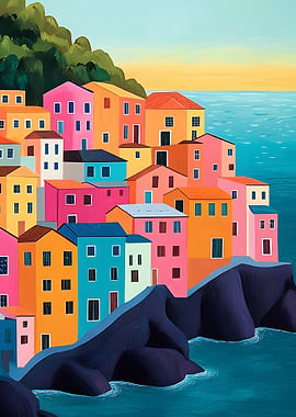 Colorful Coastal Italy Village Painting
