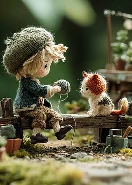 Knitted Boy with Cat on Bench