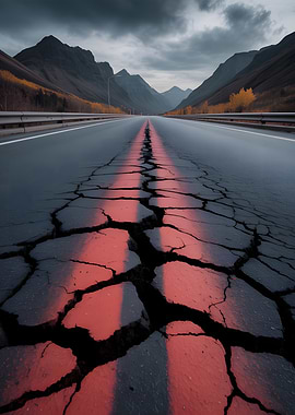 Cracked Road Through Mountain Valley