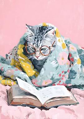 Cat Reading Book with Glasses