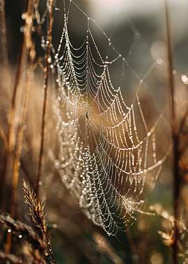 Dew-Kissed Spiderweb in Golden Light