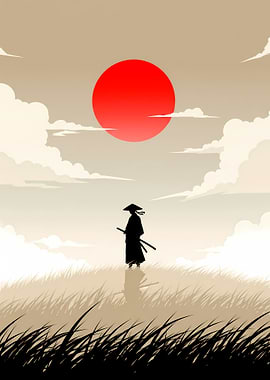Minimalist Samurai Wall Art – Anime-Inspired Red Sun Japanese Poster