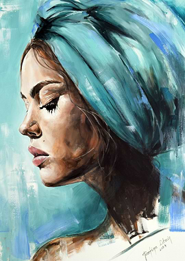 Woman with Turquoise Head Wrap Painting