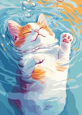 Cat Floating in Water Illustration