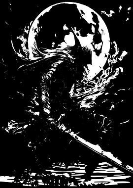 Monochrome Warrior Under the Moon