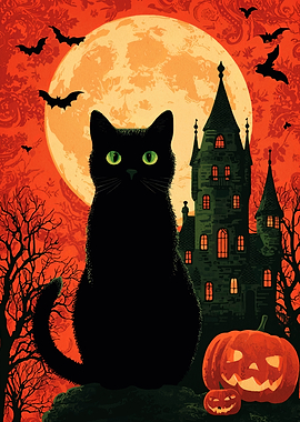 Halloween Black Cat and Haunted House
