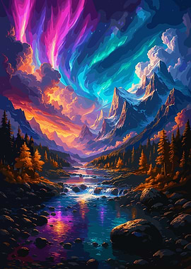 Colorful Aurora Over Mountain River Landscape